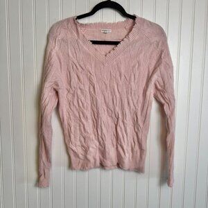 Minnie Rose 100% cashmere light pink distressed V-neck sweater fits medium K32
